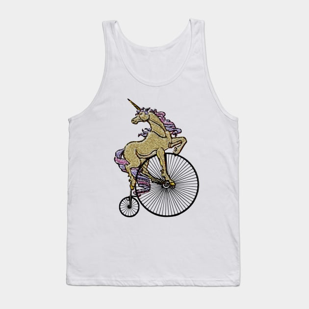 Golden Sparkly Unicorn on Penny Farthing Velocipede Tank Top by SirLeeTees